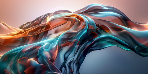 An abstract image of a flowing fabric in shades of teal and orange, creating a dynamic and mesmerizing pattern