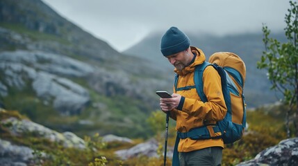 hiker with his mobile phone 