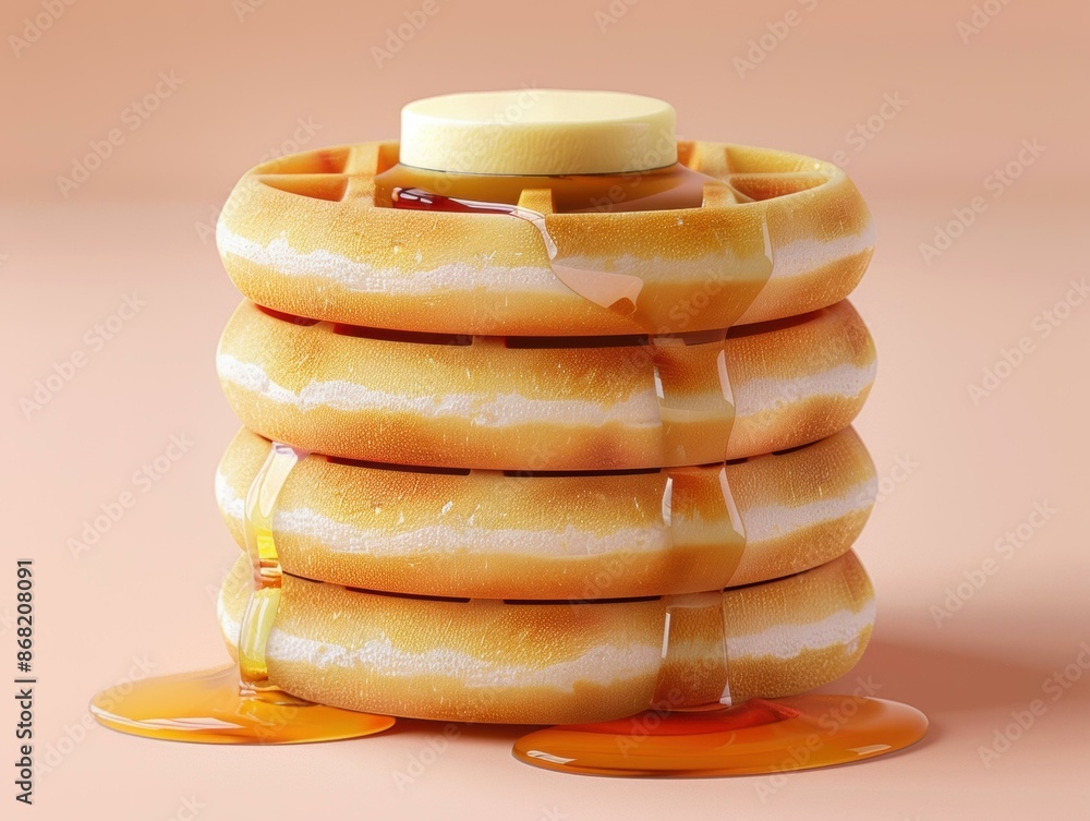 Poster 3d rendering of a stack of waffles with butter and syrup. ai.