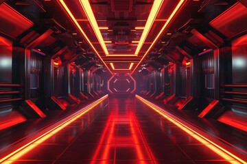 Futuristic Sci Fi hallway or corridor with glowing red neon lights. Concept of science fiction, technology, gaming, space travel, spaceship interior