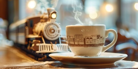 Cappucino coffee cup in railway station cafe and blurred train with bokeh lights on the background