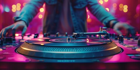 A dj is spinning a record on top of an electronic mixer. AI.