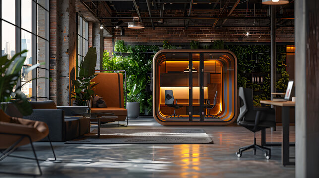Modern office with stylish pod and lush greenery