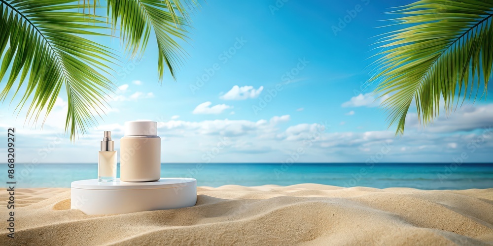 Wall mural Beach podium display stand showcasing a summer cosmetic product with sandy background, blue sky, and palm tree, beach, podium