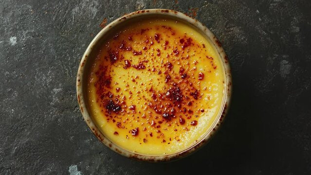 Top View of Classic Creme Brulee Dessert in Rustic Setting