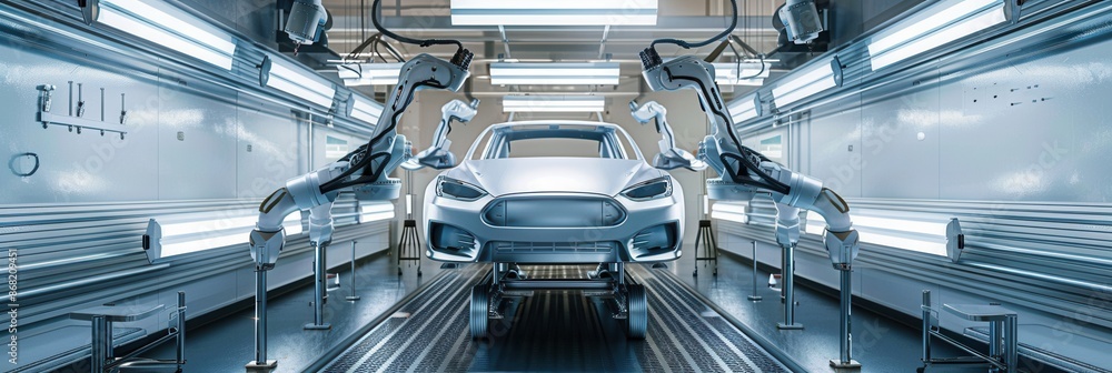 Poster automated robotic arms paint a car in a modern automotive paint shop, showcasing advanced technology