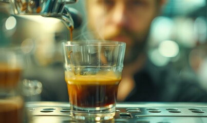 A barista pours a shot of espresso into a glass. AI.