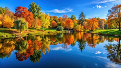 Sereneneautumn park with lake, colorful trees, reflections, and clear blue sky, autumn, park, landscape, lake, serene