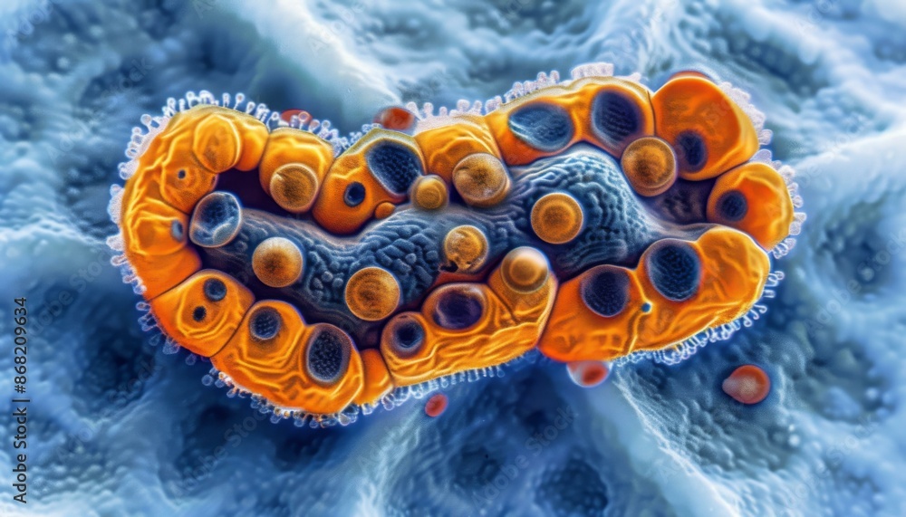 Poster close-up image of a colorful and textured alien-like organism. ai.