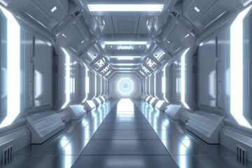 Obraz premium Futuristic Sci-Fi Corridor with Bright Lights. Spaceship or Laboratory Interior