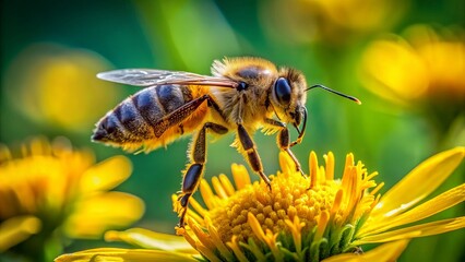 A close-up of a busy bee in mid-air, wings beating rapidly, collecting nectar from a vibrant yellow flower against a blurred green background.