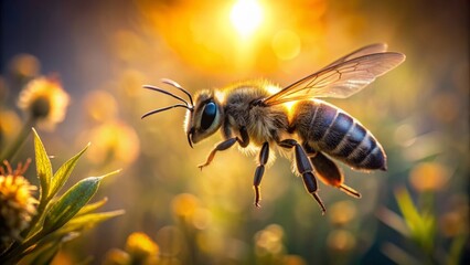 Fototapeta premium A solitary, majestic bee in mid-air, wings beating rapidly, surrounded by soft, warm light and blurred botanical background.