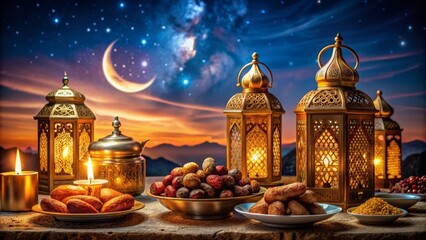 Obraz premium Vibrant Arabic delicacies, dates, and golden lanterns adorn a festive table, set against a tranquil moonlit night sky, exuding warm Ramadan ambiance.