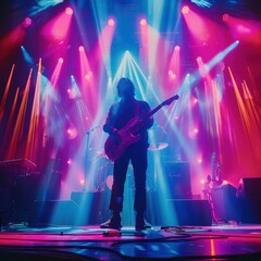 A guitarist performing on stage with a colorful light show. AI.