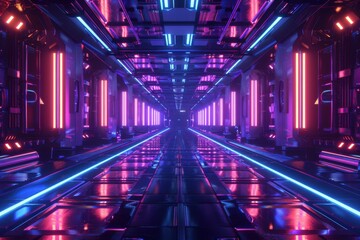 Futuristic Sci-Fi Corridor with Glowing Neon Lights. A Cyberpunk or Metaverse Concept