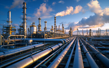 Obraz premium View of a modern industrial power plant with towering chimneys, complex structures, and pipes under a vibrant blue sky