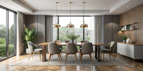Obraz premium Sleek dining room with minimalist furniture and natural lighting, creating an elegant and stylish atmosphere