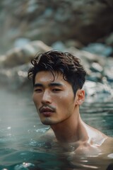 A handsome man bathe in a natural hot springs with steam rising, with a softly blurred background of rocky terrain and greenery.