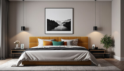 Contemporary bedroom wall mockup featuring sleek decor and comfortable furniture, offering a perfect setting for exploring various interior design possibilities, Generative AI