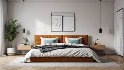 Stylish bedroom interior mockup with a blank wall and minimal furnishings, creating a versatile space for experimenting with different design ideas, Generative AI
