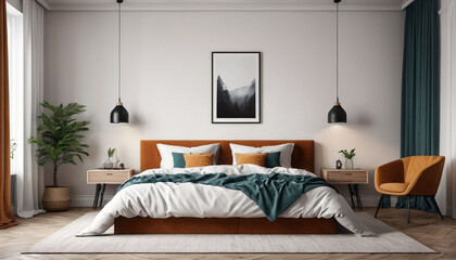 Stylish bedroom interior mockup with a blank wall and cozy furnishings, creating a versatile space for experimenting with different design ideas, Generative AI