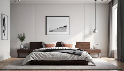 A minimalist bedroom wall mockup in a refined home, highlighting uncluttered space and minimalist decor, providing an ideal backdrop for personal customization, Generative AI