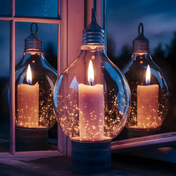 a candle that is inside of a glass jar a candle that in side of a balb