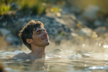 A handsome man bathe in a natural hot springs with steam rising, with a softly blurred background of rocky terrain and greenery.