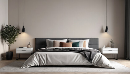 Elegant bedroom wall with minimalistic decor, showcasing a neutral color palette and sleek furniture, providing a peaceful and contemporary ambiance, Generative AI