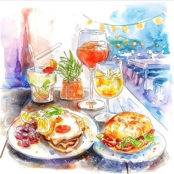 Perfect for food blogs or city-themed culinary promotions , watercolor style,