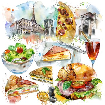 Perfect for food blogs or city-themed culinary promotions , watercolor style,