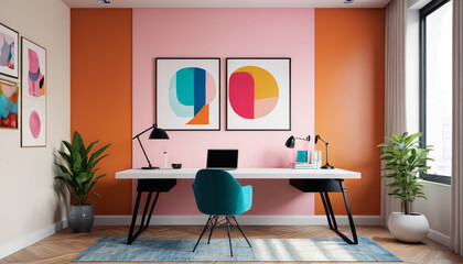 A refined study room with bright colors, minimalistic furnishings, and an empty wall, offering a peaceful and uncluttered environment, Generative AI