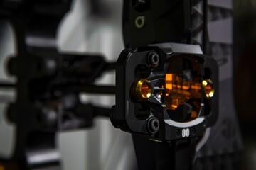 A close up of a black and orange piece of equipment with the number 0 on it