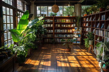 Cozy Bookstore with Sunlight and Greenery.