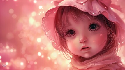 Fototapeta premium Charming Doll of a Child Amidst Twinkling Bokeh Lights