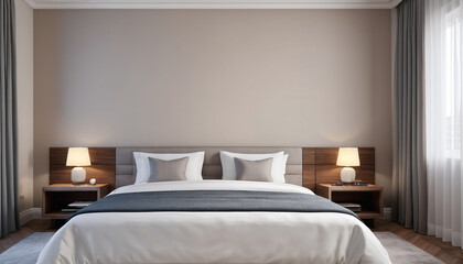 A serene hotel room with a neutral color palette against an empty wall, providing a calming atmosphere for relaxation and rejuvenation, Generative AI