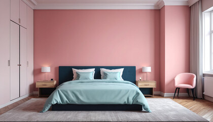 A serene hotel room with pastel hues against an empty wall, providing a tranquil atmosphere for guests to unwind and relax during their stay, Generative AI