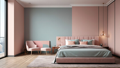A sophisticated hotel room with muted pastel colors against an empty wall, providing a refined and elegant space for guests to experience tranquility and comfort, Generative AI