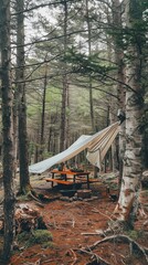 A tent is set up in the woods, with a table and chairs underneath it