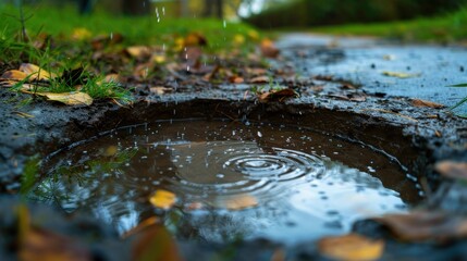 Fototapeta premium A puddle of water has formed in a hole in the ground