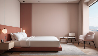 A calm and modern environment in a minimalist hotel room with a plain wall backdrop, adorned in subtle and soft hues, inviting guests to relax and enjoy their stay, Generative AI