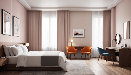 A minimalist hotel room with a plain wall backdrop, featuring soft and subtle hues, creates a serene and contemporary environment for guests to relax and enjoy their stay, Generative AI