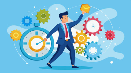 Businessman Combines Clock and Gears, Optimizing Efficiency, Productivity, and Effective Resource Management