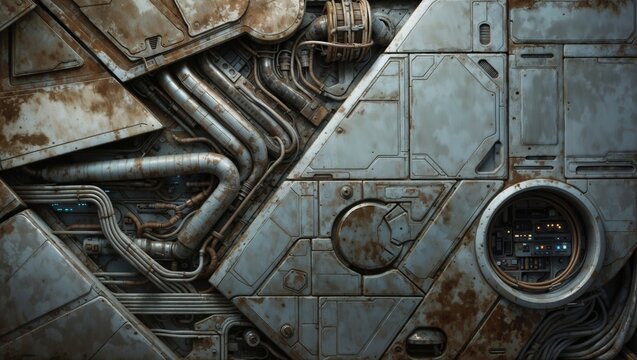 A rusty metal panel with intricate piping and a control panel