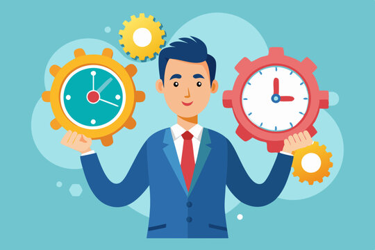 Businessman Combines Clock and Gears, Optimizing Efficiency, Productivity, and Effective Resource Management
