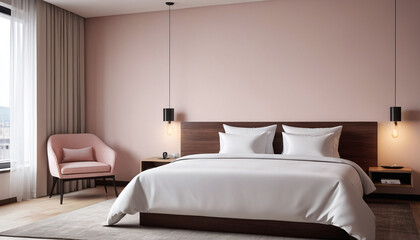 A serene and modern minimalist hotel room, featuring a plain wall backdrop with soft and subtle hues, invites guests to relax and enjoy their stay, Generative AI