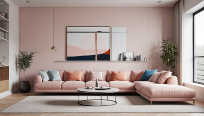 The minimalist living room with a plain wall backdrop and adorned in soft, subtle hues offers a calm and contemporary space for guests to relax and enjoy their stay, Generative AI
