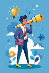 Creative Professional Opens Pencil Telescope, Searching for Ideas, Inspiration, and Discovering Innovative Solutions