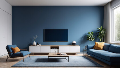 The minimalist living room, with its plain wall backdrop and modern blue shades, offers a stylish and calming space for guests to unwind and enjoy their stay, Generative AI