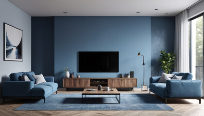 The minimalist living room features a plain wall backdrop in modern blue tones, offering a serene and stylish space for guests to unwind and enjoy their stay, Generative AI